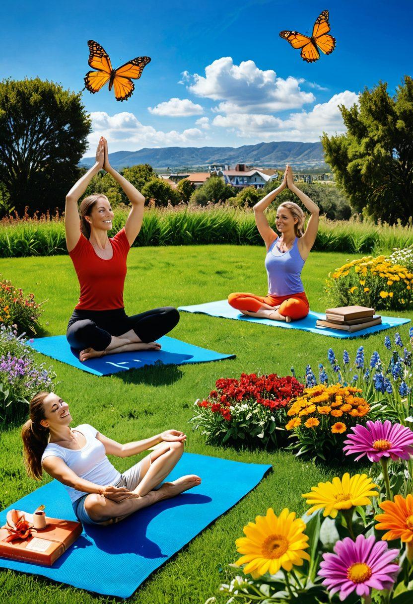 A vibrant, sunny landscape featuring a diverse group of joyful people engaged in uplifting activities such as yoga, gardening, reading, and socializing. Surround them with colorful flowers, butterflies, and a clear blue sky to enhance the sense of bliss and positivity. Incorporate elements of wellness like yoga mats, books, and nutritious food. The scene should radiate warmth and happiness, inviting warmth and joy. super-realistic. vibrant colors. white background.