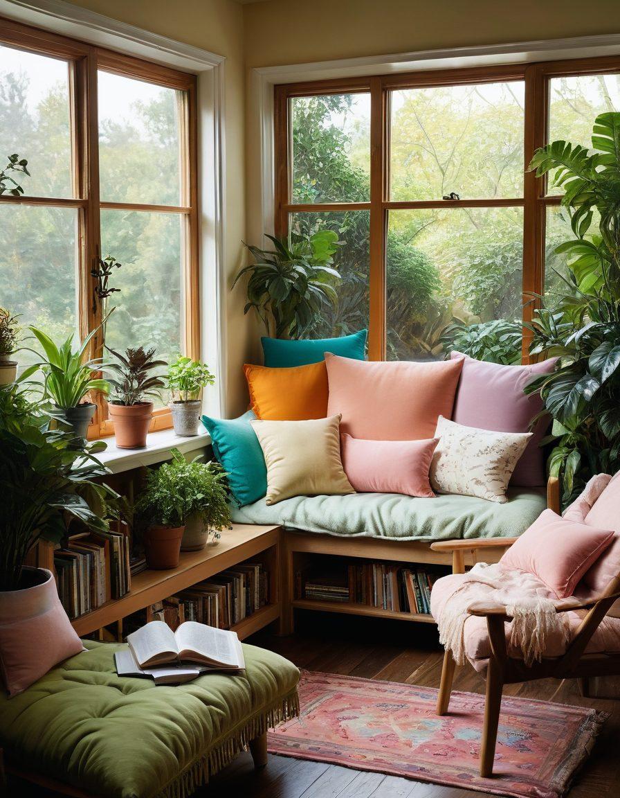 A serene scene featuring a cozy reading nook with sunlight streaming through a window, surrounded by lush indoor plants, colorful bookshelves, and a steaming cup of tea on a wooden table. Soft, fluffy cushions and a vibrant throw blanket create an inviting atmosphere. Gentle smiles on people engaging in joyful activities like reading, gardening, and sharing laughter. warm, pastel colors. super-realistic. cozy and inviting.