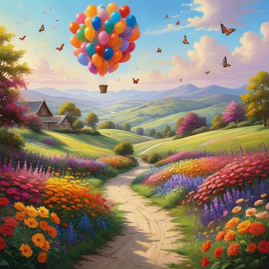 A serene landscape featuring a vibrant garden filled with blooming flowers and colorful butterflies, symbolizing joy and happiness. In the foreground, a diverse group of people are joyfully interacting, sharing smiles and laughter, embodying a content lifestyle. The sky is bright and sunny, casting warm light over the scene. Add whimsical elements like floating balloons and gentle rolling hills in the background. painting. vibrant colors. soft focus.